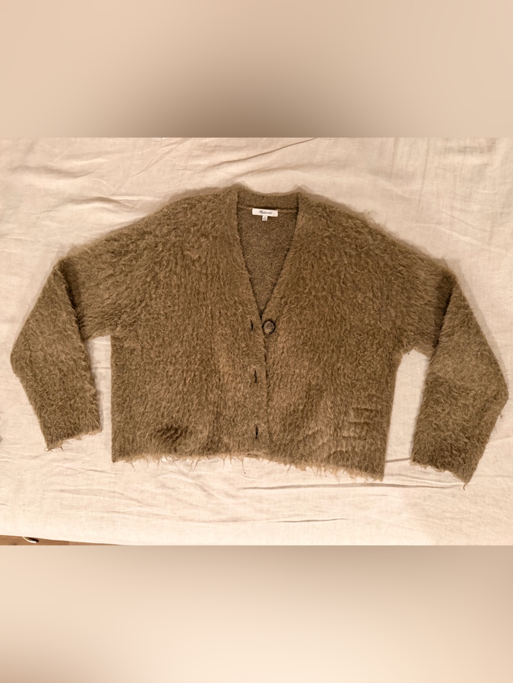 Madewell Fuzzy V-Neck Button Cardigan Sweater in Olive Brown